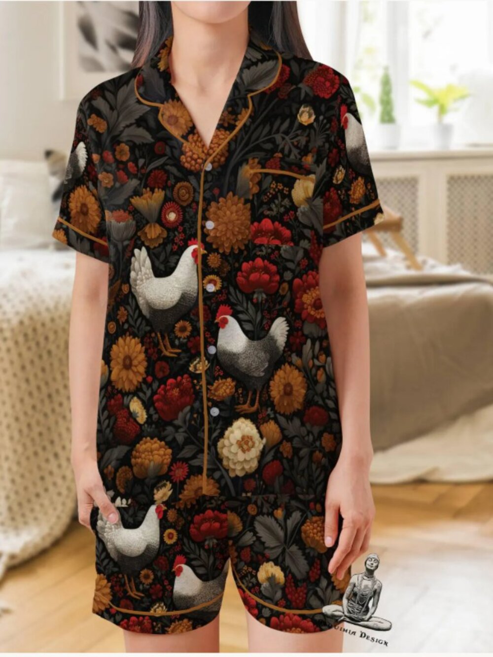 Chicken Pajama Set: Women's Satin Short Sleeve Sleepwear